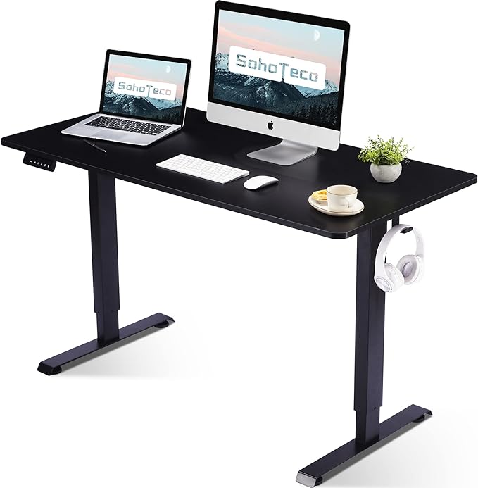 Electric Height Adjustable Desk, 48x24 Sit Stand Desk with Splice Board, Gaming Desk with Memory Presets, Black Steel Frame & Black Board - LeafyLoom