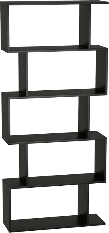 Yusong Bookshelf 5-Tier, Geometric Bookcase S Shaped Book Shelves for Bedroom, Modern Wood Decorative Display Shelf Book Case for Home Office, Black - LeafyLoom