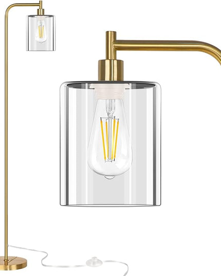 QiMH Industrial Floor Lamp for Living Room, Modern Standing Lamp with HD Glass Lampshade and Pedal Switch, 67” Tall Pole Light for Bedroom Study Room, Brushed Gold (2700K LED Bulb Included) - LeafyLoom
