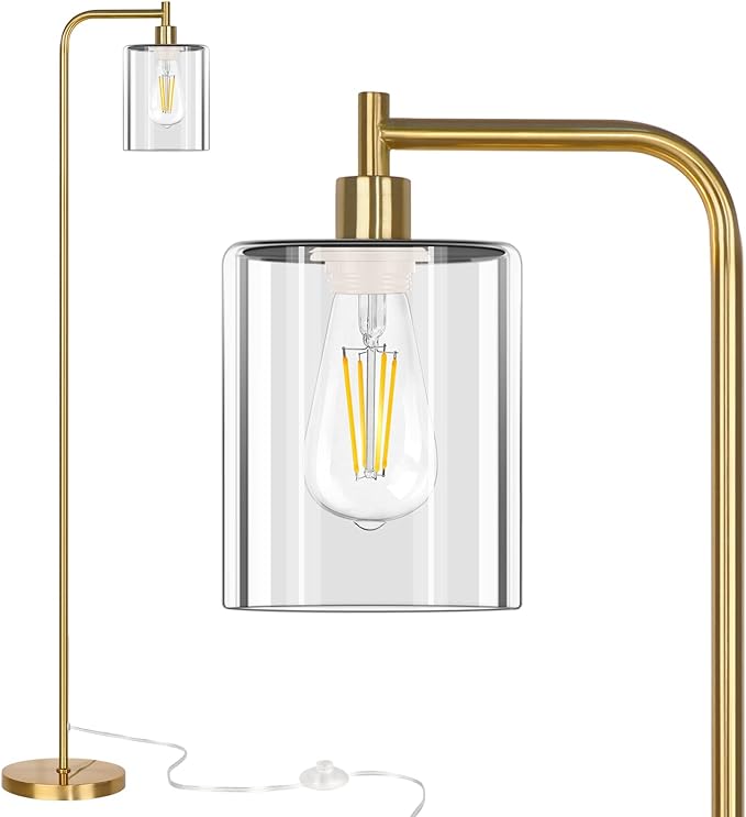 QiMH Industrial Floor Lamp for Living Room, Modern Standing Lamp with HD Glass Lampshade and Pedal Switch, 67” Tall Pole Light for Bedroom Study Room, Brushed Gold (2700K LED Bulb Included) - LeafyLoom