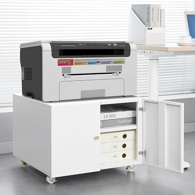 17.70" Metal Office Copier 2 Door and 360 ° Universal Wheel,Mobile Lateral Filing Cabinets w/Aluminum Alloy Handle,Rolling Printer Stand for Legal/Letter/A4,White - LeafyLoom