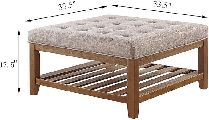 24KF Large Square Upholstered Tufted Linen Ottoman Coffee Table, Large Footrest Ottoman with Solid Wood Shelf-Linen - LeafyLoom