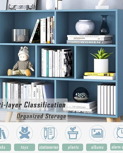 IOTXY Wooden Open Shelf Bookcase - 3-Tier Floor Standing Display Cabinet Rack with Legs, 7 Cubes Bookshelf, Bright Blue - LeafyLoom