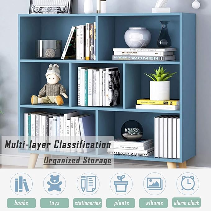 IOTXY Wooden Open Shelf Bookcase - 3-Tier Floor Standing Display Cabinet Rack with Legs, 7 Cubes Bookshelf, Bright Blue - LeafyLoom