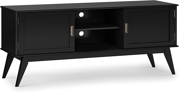 SIMPLIHOME Draper SOLID HARDWOOD 60 Inch Wide Mid Century Modern Low TV Media Stand in Black for TVs up to 65 Inches, For the Living Room and Entertainment Center - LeafyLoom