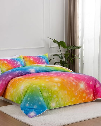 Holawakaka Girls Ombre Glitter Comforter Set, Twin Size Gradient Rainbow Galaxy Print Kids Bedding Sets, Multi-Color Ultra-Soft Dorm Bed Set (Multi-color,Twin) - LeafyLoom