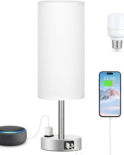 White Touch Bedroom Table Lamp - 3 Way Dimmable Bedside Lamp USB C A Charging Ports and AC Outlet, Small Lamp Nightstand with Silver Base for Living Room, Office Desk, LED Bulb Included - LeafyLoom
