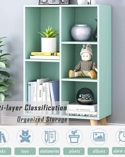 IOTXY Wooden Open Shelf Bookcase - 3-Tier Floorstanding Display Cabinet Rack with Legs, 5 Cubes Free Standing Bookshelf, Tiffany-Green - LeafyLoom