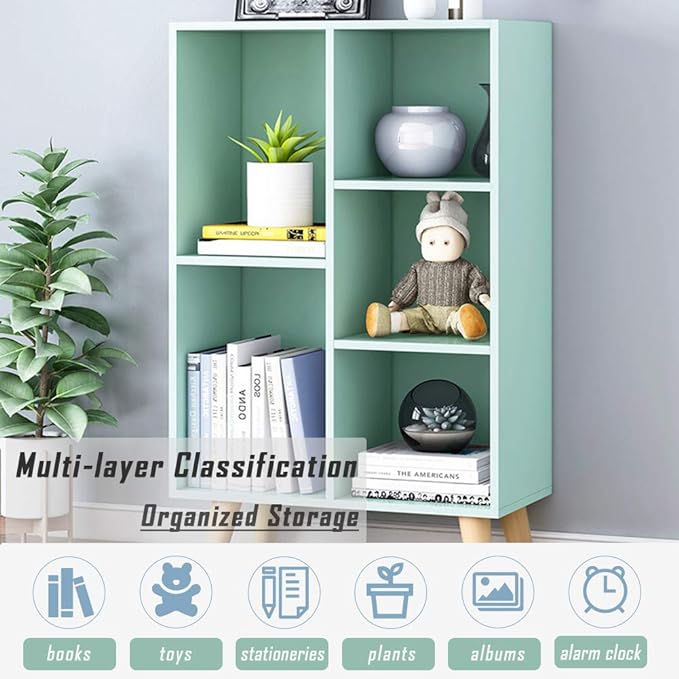 IOTXY Wooden Open Shelf Bookcase - 3-Tier Floorstanding Display Cabinet Rack with Legs, 5 Cubes Free Standing Bookshelf, Tiffany-Green - LeafyLoom
