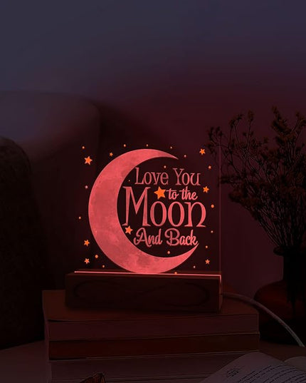 Romantic Valentines Gifts, Love You Moon and Back Infinity & Beyond 3D Illusion Lamp USB Powered Acrylic Night Light for Girlfriend Boyfriend Him Her Husband Wife on Birthday Anniversary - LeafyLoom