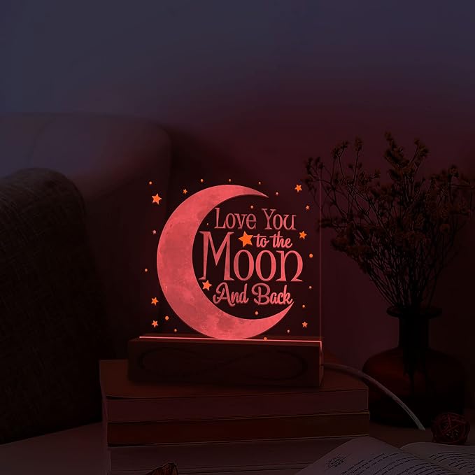 Romantic Valentines Gifts, Love You Moon and Back Infinity & Beyond 3D Illusion Lamp USB Powered Acrylic Night Light for Girlfriend Boyfriend Him Her Husband Wife on Birthday Anniversary - LeafyLoom