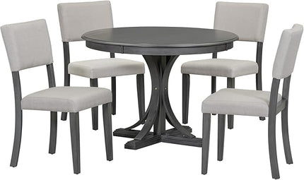 5-Piece Retro Round Dinette Sets Kitchen Dining Table with Curved Trestle Style Legs, 4 Upholstered Chairs, for Diningroom Living Room, Easy to Assemble, Dark Gray - LeafyLoom