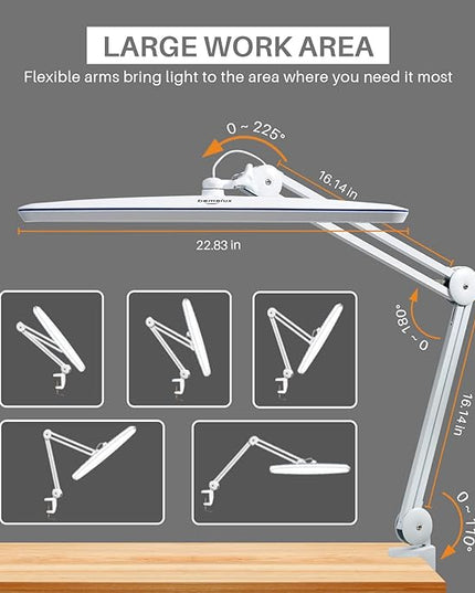 Task Lamp with Clamp, Bright 117PCS LEDs, Metal Swing Arm 24W 2200 Lumen Dimmable Led Desk Lamp for Architect Home Office Study Reading Dorm Workbench Craft, 23 Inch Lamp Head Work Lamp(White) - LeafyLoom
