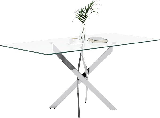 Tempered Glass Dining Table with Chromed Legs, 47in Rectangular Kitchen Table for Kitchen Dining Room Home Office (47.24 * 27.55, White/Silver) - LeafyLoom