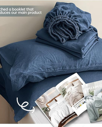 Simple&Opulence 100% Linen Sheet Set Solid Color-3 Pcs Washed French Linen Bed Sheets-Breathable Bedding Set-1 Flat Sheet,1 Fitted Sheet,1 Pillowcase (Twin,Blue) - LeafyLoom