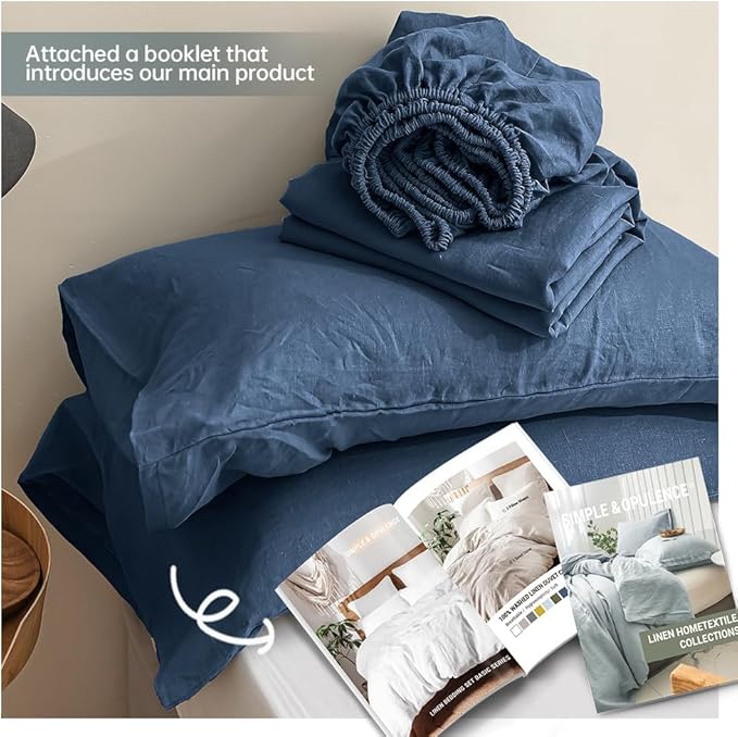 Simple&Opulence 100% Linen Sheet Set Solid Color-4 Pcs Washed French Linen Bed Sheets-Breathable Bedding Set-1 Flat Sheet,1 Fitted Sheet,2 Pillowcases (Full,Blue) - LeafyLoom