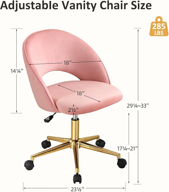 Furniliving Pink Vanity Chair, Cute Desk Chairs for Girls with Back, Rolling Upholstered Accent Chair for Living Room/Makeup Room/Bedroom, Pink - LeafyLoom
