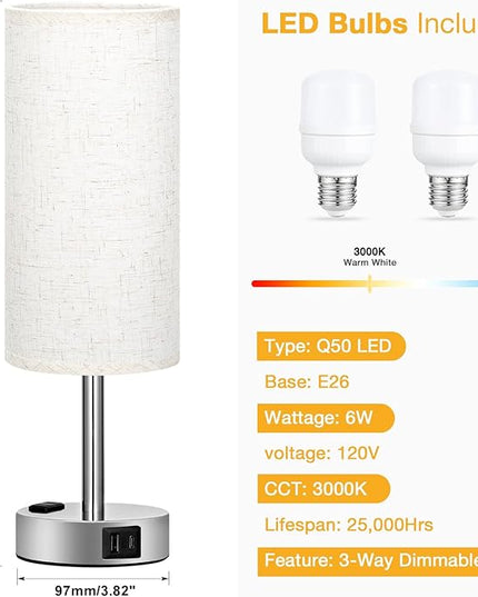 Light Beige Touch Nightstand Lamps - 3 Way Dimmable Bedside Table Lamps Set of 2 for Bedroom with USB C and A Ports, Small Desk Lamps with AC Outlet for Kids Dorm Nursery, Silver Base - LeafyLoom