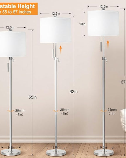 Brushed Nickel Floor Lamp for Living Room, Adjustable Height Standing Lamp with Metal Base, 3-Way Dimmable Tall Pole Light with White Linen Shade for Bedroom, Pull Chain Switch, 6W LED Bulb Included - LeafyLoom