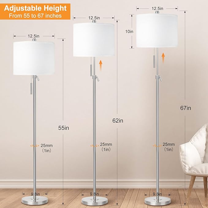Brushed Nickel Floor Lamp for Living Room, Adjustable Height Standing Lamp with Metal Base, 3-Way Dimmable Tall Pole Light with White Linen Shade for Bedroom, Pull Chain Switch, 6W LED Bulb Included - LeafyLoom