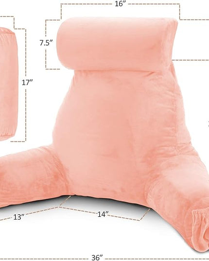 Clara Clark Reading Pillow, Large Back Pillow for Sitting Up in Bed, Memory Foam Back Support Pillow, Reading Pillows for Sitting in Bed Adult, Peach Sit Up Pillow for Bed Chair with Arms and Pockets - LeafyLoom