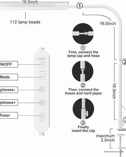 SKYLEO Desk Lamp - 33.5" Desk Light - Flexible Gooseneck - 5 Color Modes X 11 Brightness Levels - 1300LM - Timmer & Memory Function - 12W Clip on Light - White - LeafyLoom