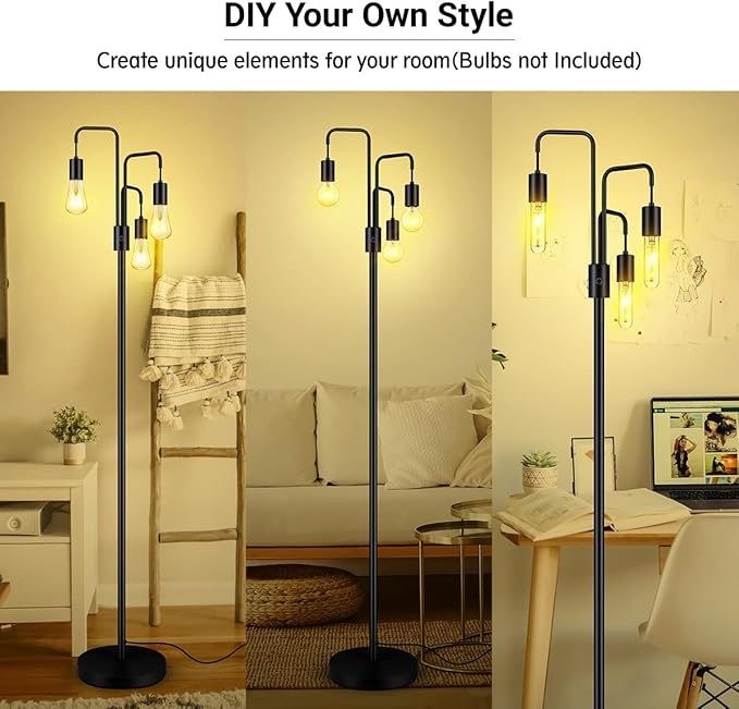 BoostArea Industrial Floor Lamp for Living Room,Modern Standing Lamp Stand Up Lamp with 3 Light, Bulbs Not Included,Simple Design Floor Lamp for Bedroom, Living Room, Office, Kids Room, Reading - LeafyLoom