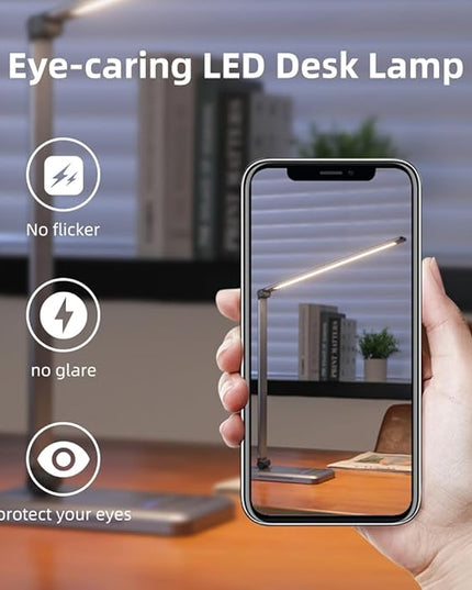 LED Desk Lamp, 5 Levels Dimmable Table Lamp Reading Lamp with USB Charging Port, 5 Lighting Modes, 30 Minutes Auto-Off Timer, Study Lamp, Eye-Caring Office Lamp with Night Light - LeafyLoom