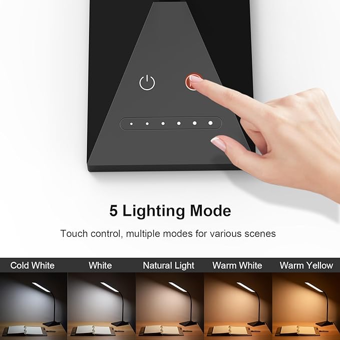 RAOYI LED Desk Lamp, 12W Dimmable Table Lamp Eye-Caring Reading Light with USB Charging Port, Touch Control, 5 Lighting Modes and 6-Level Brightness for Home Office Bedrooms (Black) - LeafyLoom