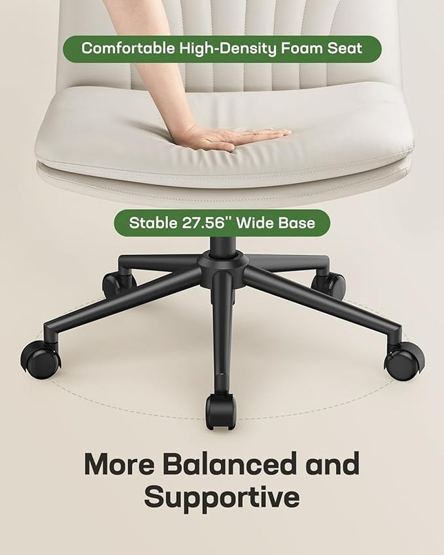 Marsail Armless-Office Desk Chair with Wheels: PU Leather Cross Legged Wide Chair,Comfortable Adjustable Swivel Computer Task Chairs for Home,Office,Make Up,Small Space,Bed Room(Beige) - LeafyLoom