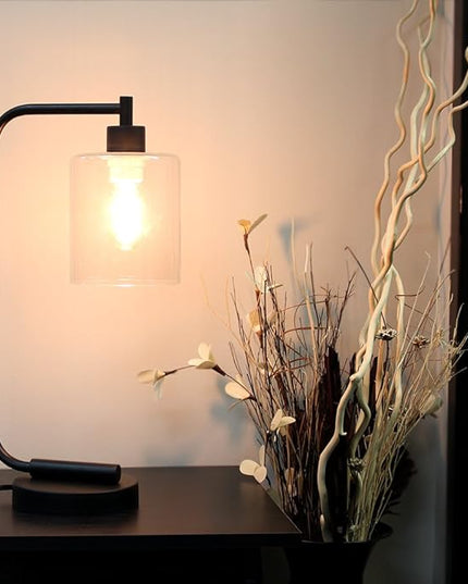 Simple Designs LD1036-BLK-LB 18.8" Industrial Bronson Antique Style Iron Lantern Desk Table Lamp with Glass Shade for Home Décor, Office, Living Room, Bedroom, Black, with Feit LED Bulb Included - LeafyLoom