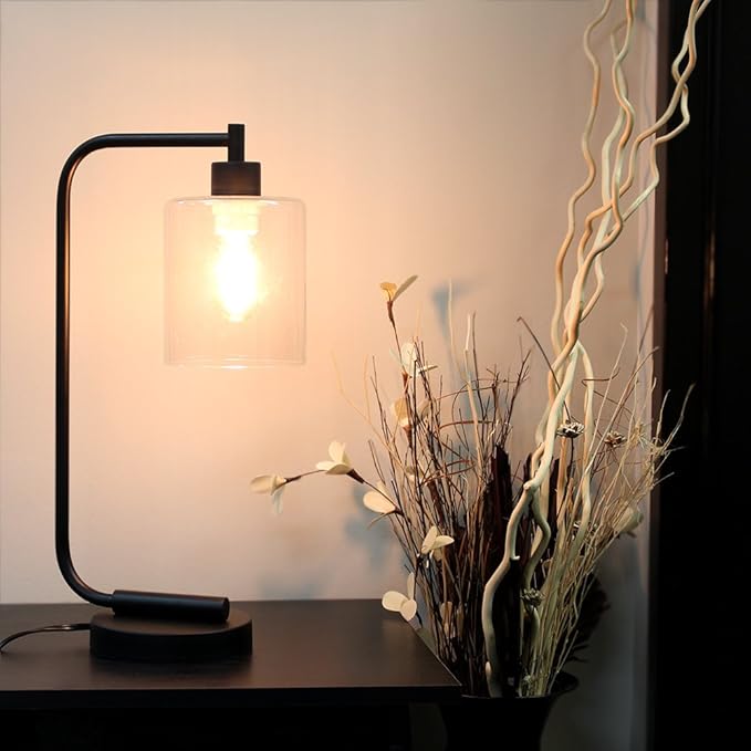 Simple Designs LD1036-BLK-LB 18.8" Industrial Bronson Antique Style Iron Lantern Desk Table Lamp with Glass Shade for Home Décor, Office, Living Room, Bedroom, Black, with Feit LED Bulb Included - LeafyLoom