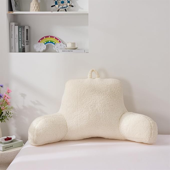 A Nice Night Sherpa Fleece Flannel Reading Pillow Bed Wedge Children Backrest with Arms Back Support for Sitting Up in Bed/Couch,White - LeafyLoom