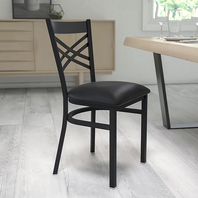 Flash Furniture Hercules Series "X" Back Metal Restaurant Chairs, Modern Upholstered Armless Dining Chairs for Restaurants/Kitchens, Set of 2, Black - LeafyLoom