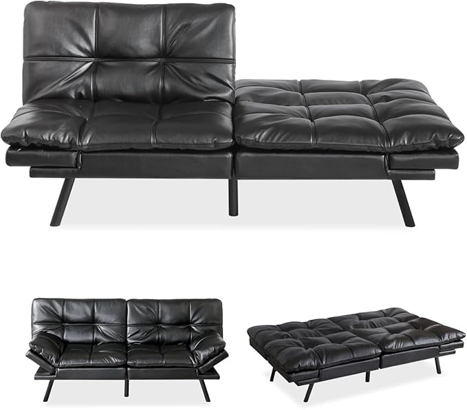 MUUEGM Futon Sofa Bed Convertible Memory Foam Sleeper Couch,Modern Faux Leather Loveseat for Living Room,Small Compact Space,Dorm,Office,Adjustable Armrests Backrest Sofabed, Black - LeafyLoom