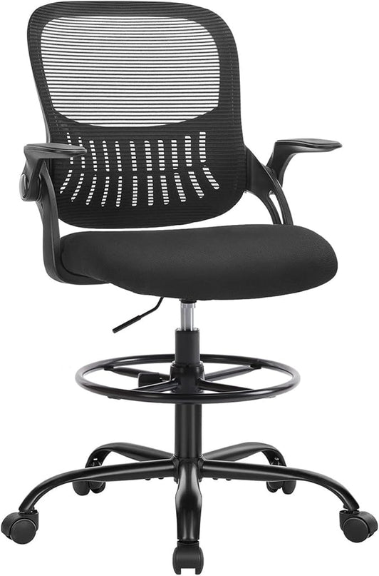 SMUG Drafting Chair, Tall Office Chair Tall Standing Desk Chair Counter Height Adjustable Office Chair with Flip-up Arms, Mid Back Mesh Office Drafting Chairs, Black - LeafyLoom