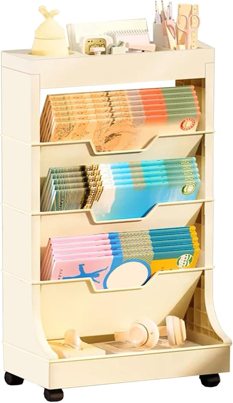 5-Tier Mobile Bookshelf, Book Storage Organization with Wheels Movable Rolling Book Cart for Study in Bedroom School Office, Light Yellow Drcoevo - LeafyLoom
