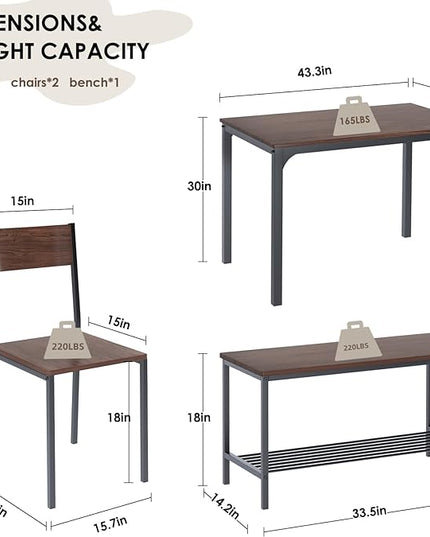 SogesHome 4-Piece Kitchen Table and 2 Chairs for 4 with Bench, Dining Table Set for Small Space, Apartment, Living-Room, Restaurant, Dark Walnut - LeafyLoom