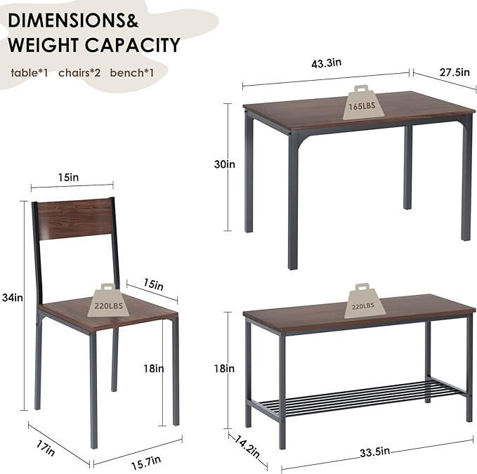SogesHome 4-Piece Kitchen Table and 2 Chairs for 4 with Bench, Dining Table Set for Small Space, Apartment, Living-Room, Restaurant, Dark Walnut - LeafyLoom