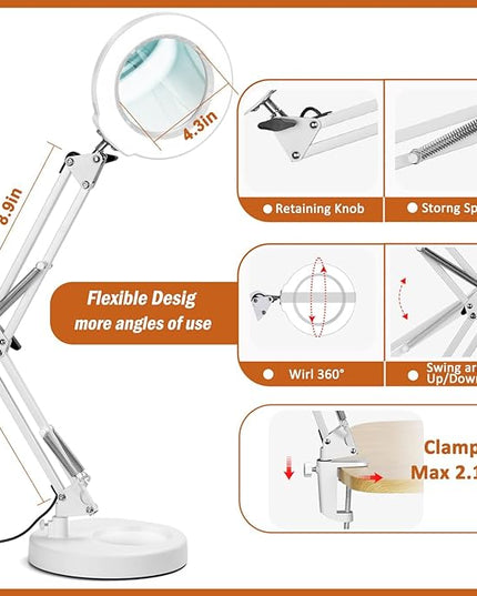 Veemagni 10X Magnifying Glass with Light, 5 Color Modes Stepless Dimmable 2-in-1 Desk Lamp and Clamp, LED Lighted Magnifier with Light and Stand, Hands Free for Craft Hobby Painting Close Work - White - LeafyLoom