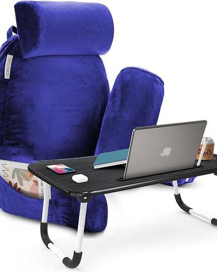 Clara Clark Reading Pillow with Portable Lap Desk for laptop Set, Back Pillow for Sitting Up in Bed, Memory Foam Back Support Pillow, Bed Rest Pillow with Foldable Laptop Desk, Large - Royal Blue - LeafyLoom