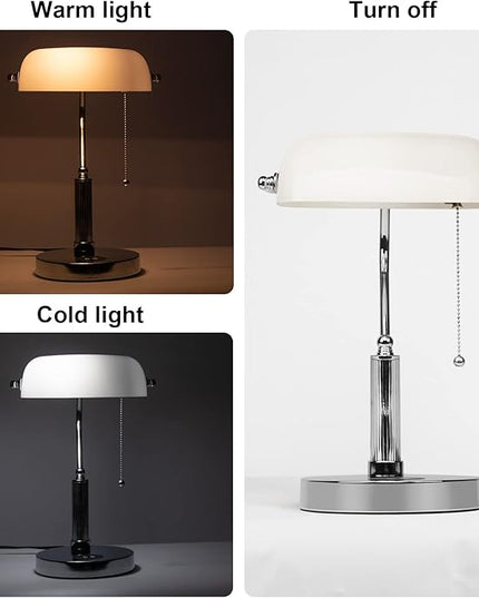 FIRVRE Bankers Lamp, White Glass Desk Lamp with Wireless Charger and 2USB Charging Port,Pull Chain Switch Lamp with Metal Base,Modern Reading Table lamp for Home Office, Piano, Library - LeafyLoom