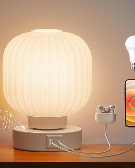 Touch Bedside Table Lamp - Small Table Lamps,3 Way Dimmable with USB C+A Charging Ports - Bedroom Nightstand & Living Room Essential, 6W Bulb Included - LeafyLoom