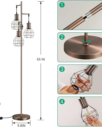 EDISHINE Dimmable Industrial Floor Lamp, Farmhouse Standing Lamp for Living Room, Bedroom, 3 LED Edsion Bulbs Included, Rotary Switch, 65in Rustic Tree Reading Lamps for Study Room, Office - Brown - LeafyLoom