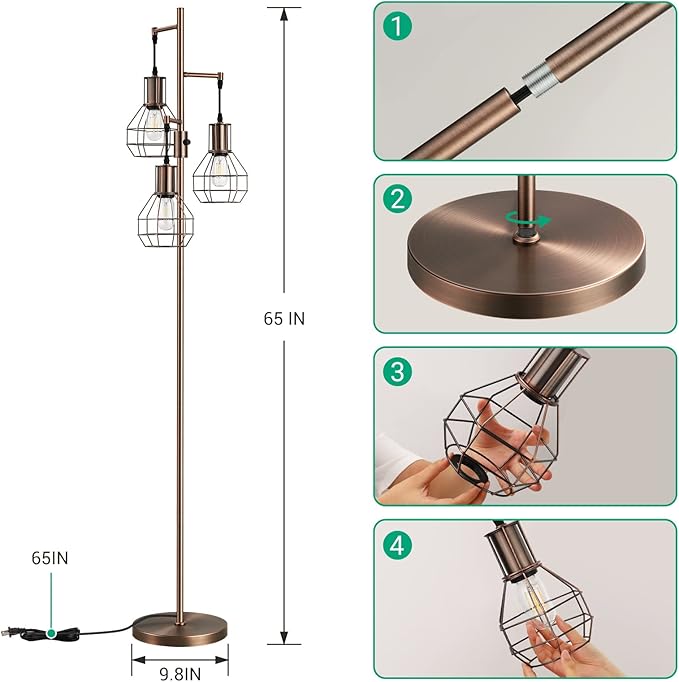 EDISHINE Dimmable Industrial Floor Lamp, Farmhouse Standing Lamp for Living Room, Bedroom, 3 LED Edsion Bulbs Included, Rotary Switch, 65in Rustic Tree Reading Lamps for Study Room, Office - Brown - LeafyLoom