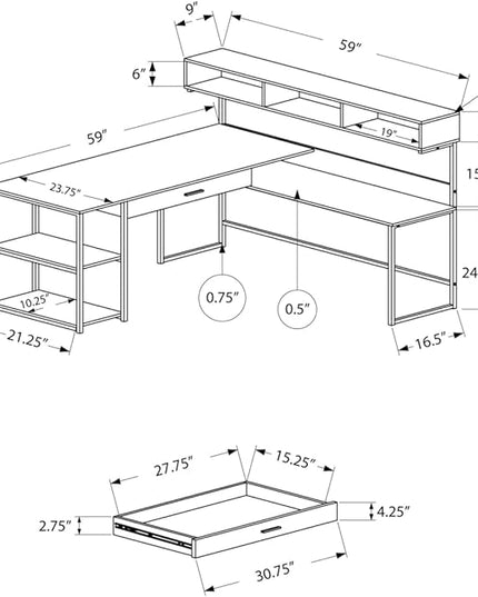 Monarch Specialties Workstation for Home & Office with Multiple Shelves and Drawer L-Shaped Corner Desk with Hutch, 60" L, White/Silver Frame - LeafyLoom