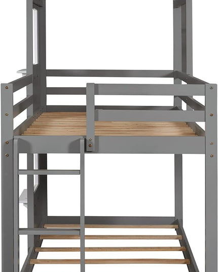 Twin Over Twin House Bed, Solid Wood Bunk Bed with Roof, Window, Guardrail and Ladder for Kids Teens Boys Girls, Ideal Bedroom Furniture, Gray - LeafyLoom