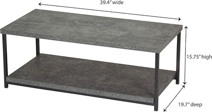 Household Essentials Jamestown Rectangular Coffee Table with Storage Shelf Rustic Slate Concrete and Black Metal, Grey - LeafyLoom
