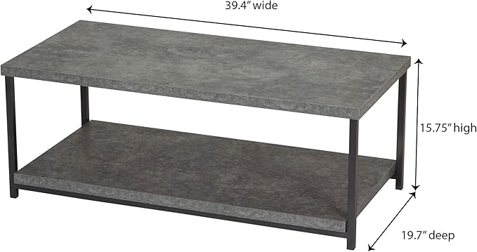 Household Essentials Jamestown Rectangular Coffee Table with Storage Shelf Rustic Slate Concrete and Black Metal, Grey - LeafyLoom