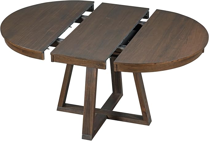 5-Piece Retro Style Extendable Wood Round Dining Table Set with 4 Upholstered Chairs for Kitchen, Breakfast Nook, Living Room, Walnut, 42"-58" L x 42" W x 30" H - LeafyLoom